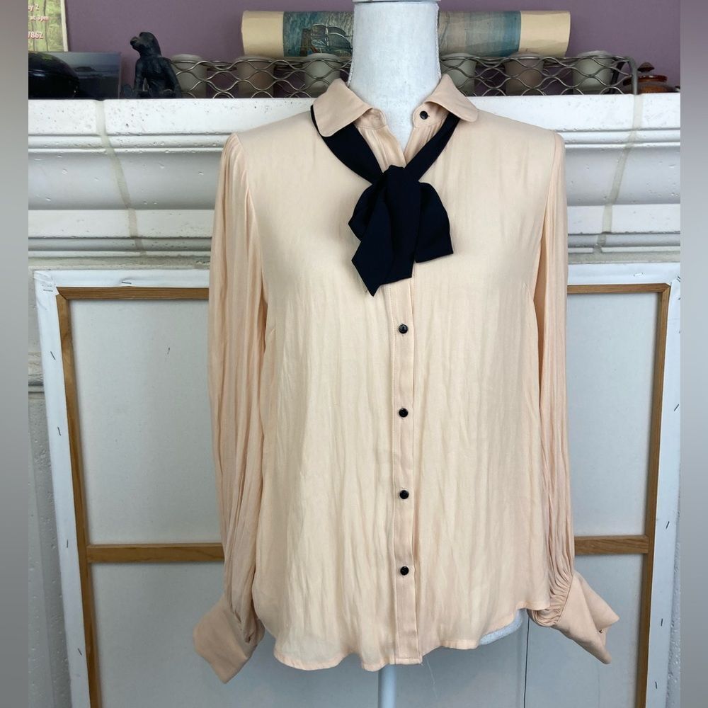 Annie Hall bow tied blouse w/ black accents on peachy cream with Black Bow